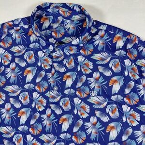 Ariat Tek Performance‎ Polo Shirt Blue Floral Print S/S Button Down Mens XL